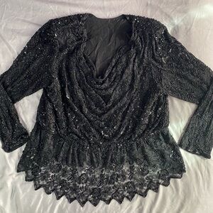 Vintage 80s Chic Black Sequined Beaded Women's Blouse 3X